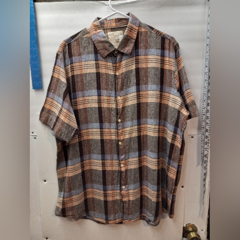 Tasso Elba Island Plaid 55% Linen Blend Business Casual Shirt Western XL Brown